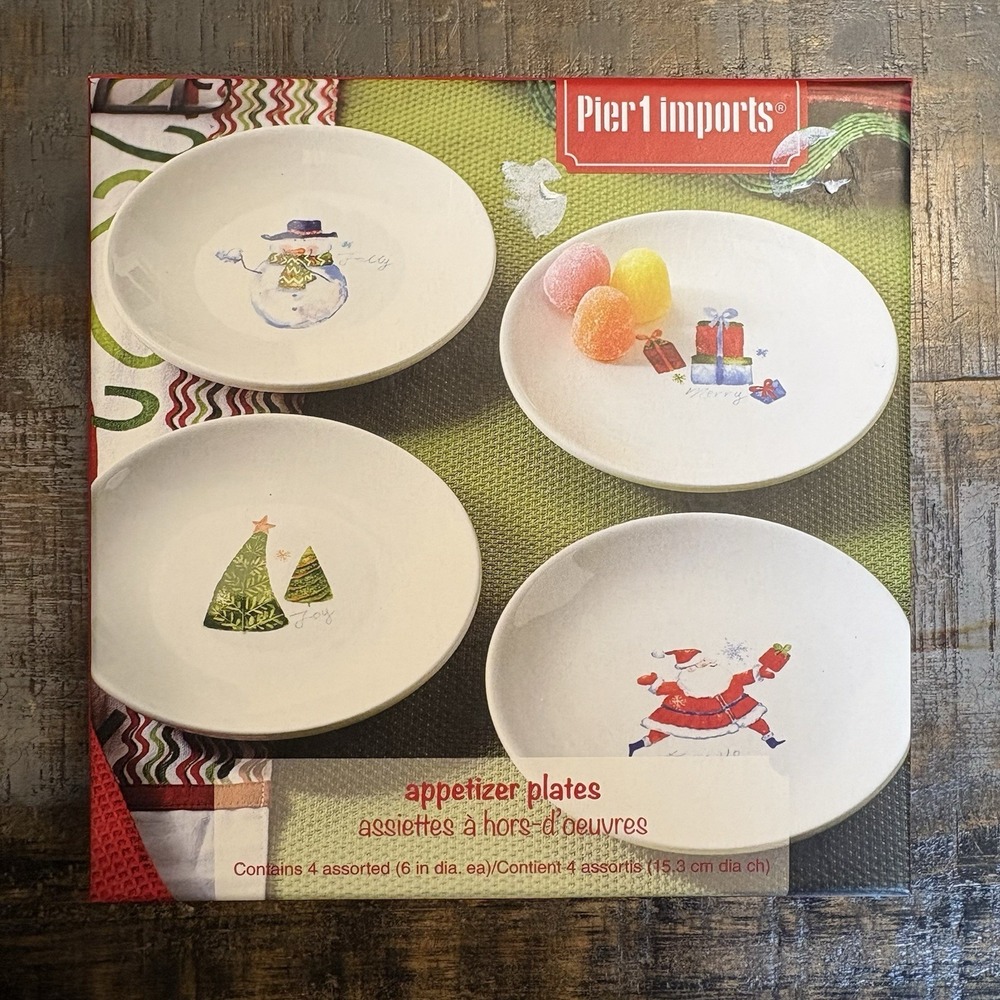 Pier 1 Imports Holiday Appetizer Plates Set Four Christmas Santa Snowman